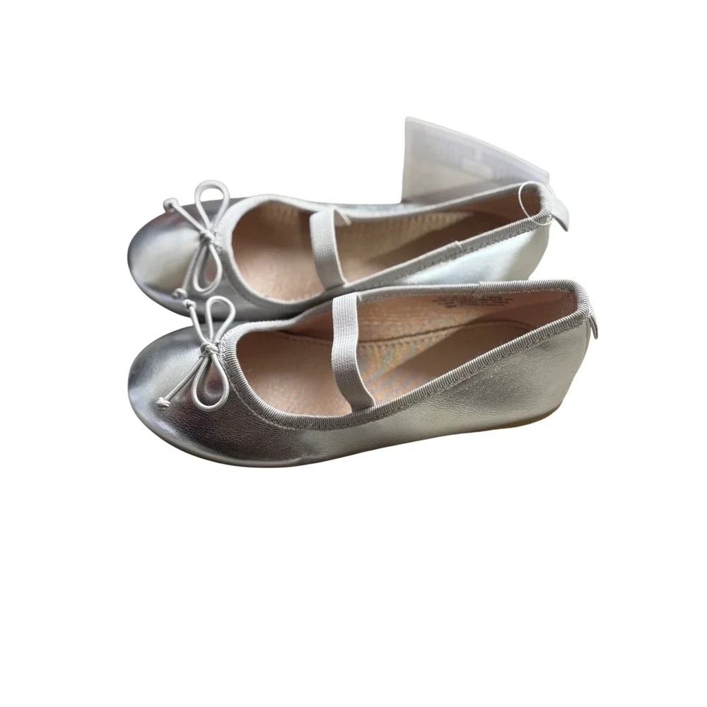 H&M Girls Silver Metallic Ballet Flats Bow‎ Elastic Strap Shoes Size 12 29 NEW